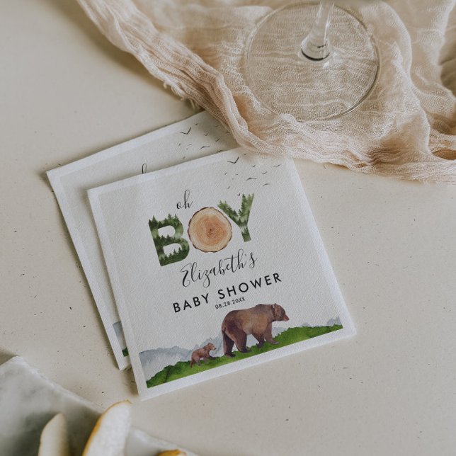 Oh Boy Watercolor Woodland Bear Baby Shower  Napkins (Creator Uploaded)