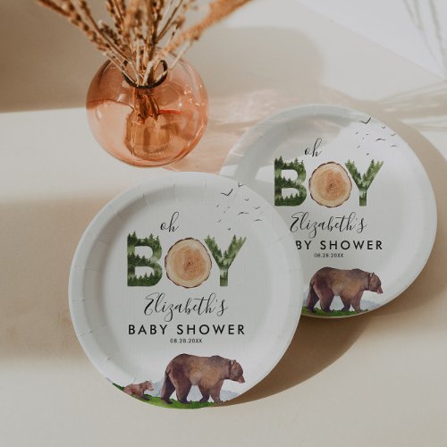 Oh Boy Watercolor Woodland Bear Baby Shower  Paper Plates