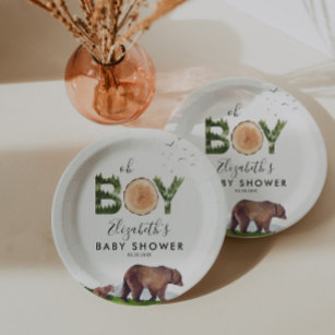 Oh Boy Watercolor Woodland Bear Baby Shower  Paper Plates