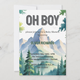 Oh Boy Watercolor Woodland Mountain Baby Shower Invitation