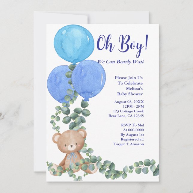 Oh Boy We Can Bearly Wait Baby Shower Invitation (Front)