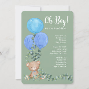 Oh Boy We Can Bearly Wait Baby Shower Sage Green Invitation