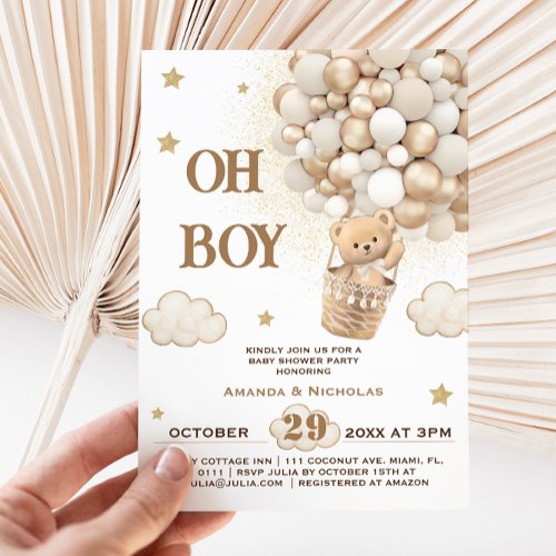 Oh Boy white teddy bear balloons baby shower Invitation