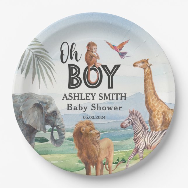 Oh Boy! Wild Safari Animals Baby Shower Paper Plates (Front)