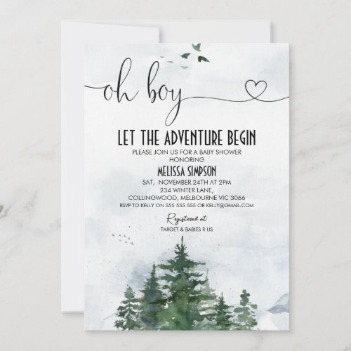 Oh Boy Wilderness Heart Calligraphy Baby Shower Invitation