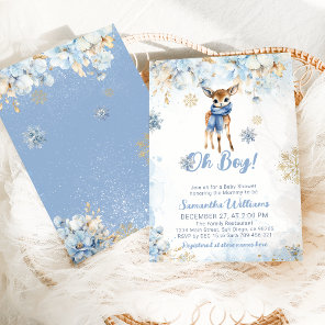Oh Boy Winter Blue Floral & Deer Baby Shower Invitation