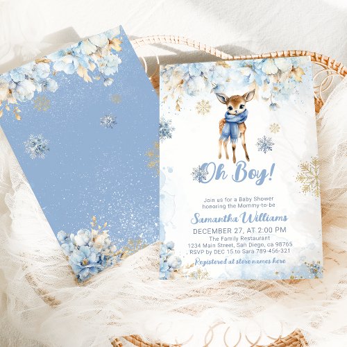 Oh Boy Winter Blue Floral  Deer Baby Shower Invitation