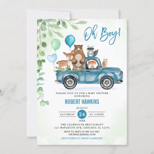 Oh Boy Woodland Animals Blue Truck Baby Shower Invitation