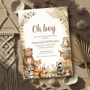 Oh Boy Woodland Animals Floral Baby Shower Invitation