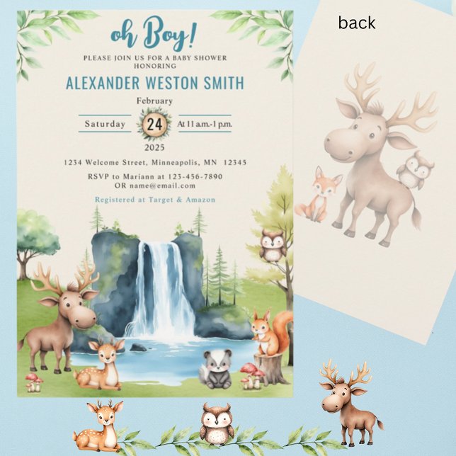 Oh Boy! Woodland Animals Waterfall Baby Shower Invitation (Creator Uploaded)