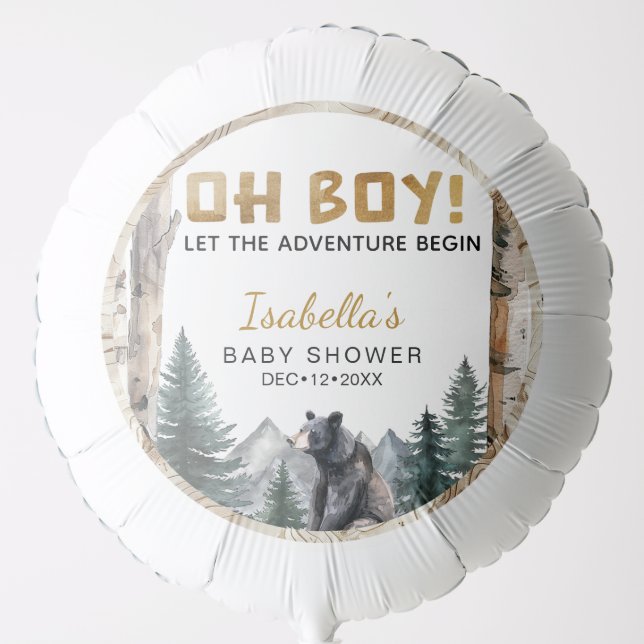 Oh Boy Woodland Bear | Baby Shower Balloon (Front)