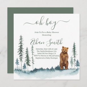 Oh Boy Woodland Bear Baby Shower Invitation
