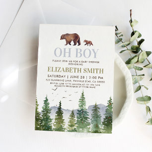 Oh Boy Woodland Bear Baby Shower Invitation