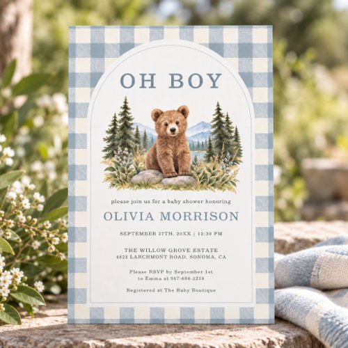 Woodland Brown Gingham or plaid baby shower invitation