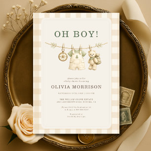 Oh Boy Woodland Clothesline Gingham Baby Shower Invitation