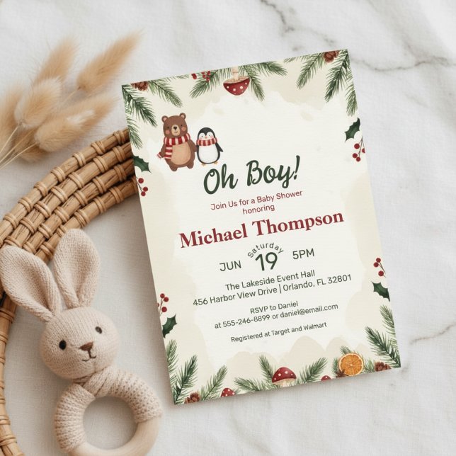 Oh Boy Woodland Winter Baby Shower Invitation (Celebrate a little boy on the way with this charming woodland winter baby shower design)