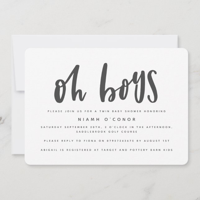 Oh boys twin baby shower invitation (Front)