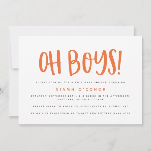 Oh boys twin baby shower invitation