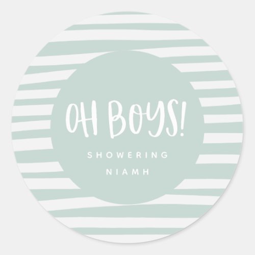 Oh boys twin baby shower party classic round sticker