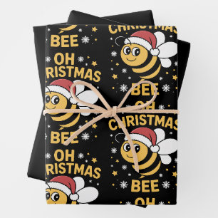 Oh Christmas Bee Santa Hat Snowflakes Stars Xmas Wrapping Paper Sheets