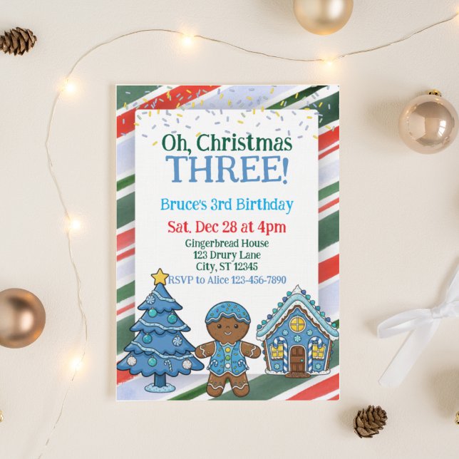 Oh Christmas Three, Blue Holiday 3rd Birthday Invitation (Creator Uploaded)