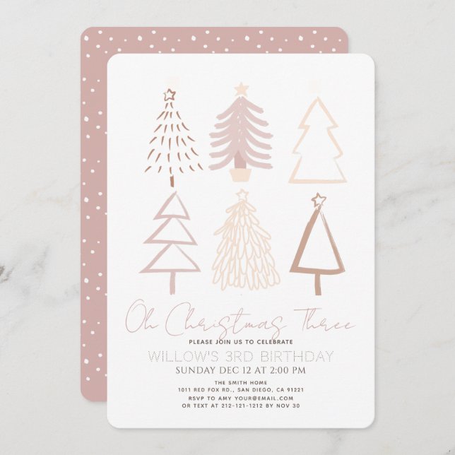 Oh Christmas Three Boho Pink Trees 3rd Birthday Invitation (Front/Back)