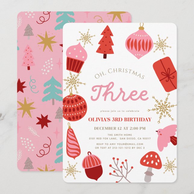 Oh Christmas Three Christmas Pink 3rd Birthday Invitation (Front/Back)