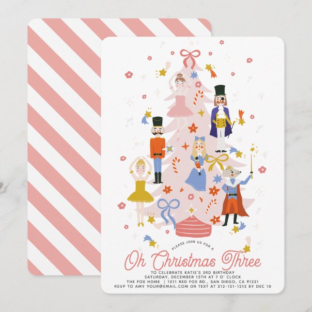 Oh Christmas Three Pink Nutcracker Girl Birthday Invitation (Front/Back)