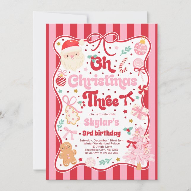 Oh Christmas Tree Coquette Bow 3rd Birthday Invitation (Front)
