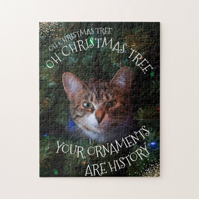 Oh Christmas Tree Mischievous Grin Kitty Funny Cat Jigsaw Puzzle (Vertical)