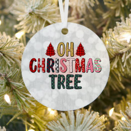 Oh Christmas Tree Plaid Word Art Metal Ornament