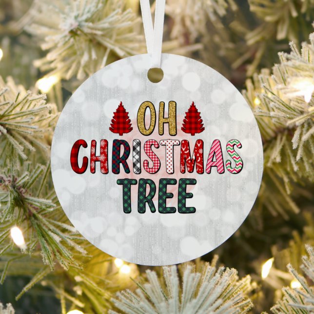 Oh Christmas Tree Plaid Word Art Metal Ornament (Insitu)