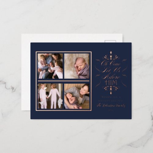 Oh Come Let Us Adore Him 4 Photo Christmas  Foil Holiday Postcard