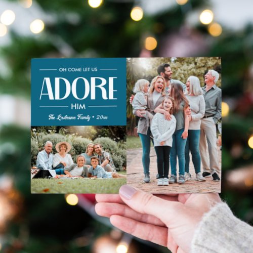 Oh Come Let Us Adore Him BLUE Christian 2 Photo  Holiday Card