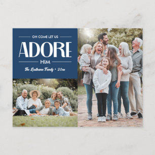 Oh Come Let Us Adore Him BLUE Christian 2 Photo Holiday Postcard