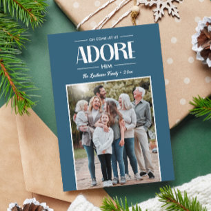 Oh Come Let Us Adore Him BLUE Christian Photo Holiday Card
