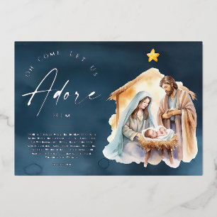Oh Come Let Us Adore Him Christmas Silver Foil Holiday Card