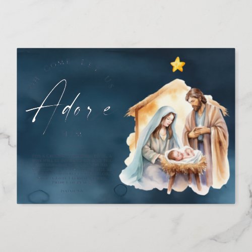 Oh Come Let Us Adore Him Christmas Silver Foil Holiday Card