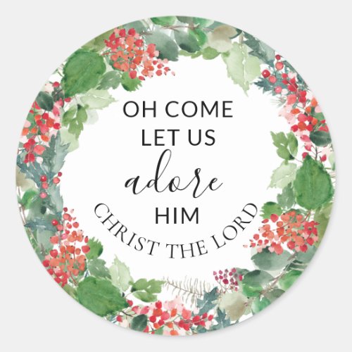 Oh Come Let Us Adore Him Elegant Christmas Wreath Classic Round Sticker