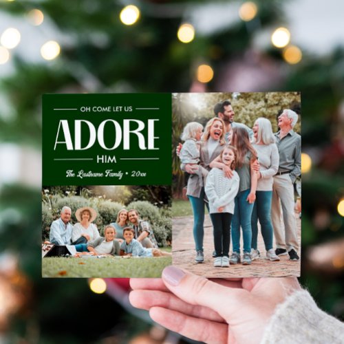 Oh Come Let Us Adore Him GREEN Christian 2 Photo  Holiday Card