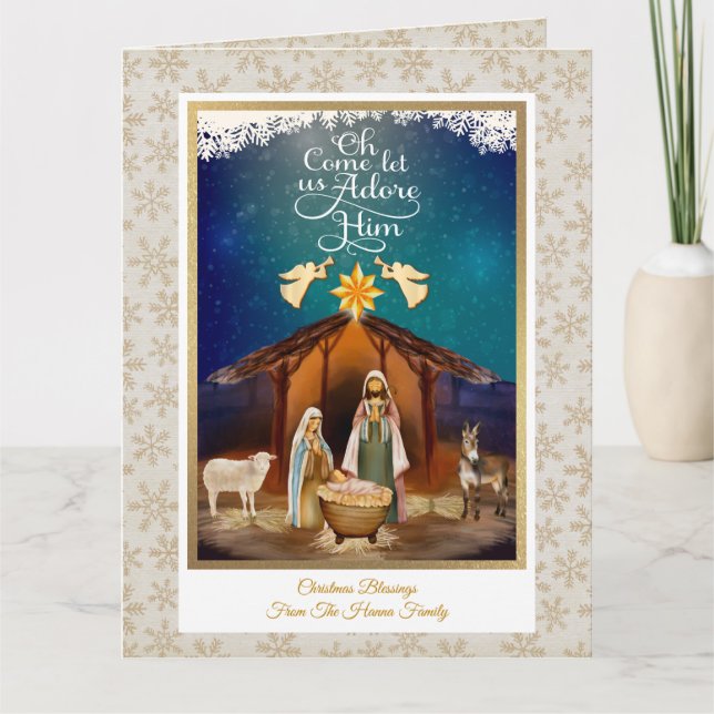 "Oh Come Let Us Adore Him" Nativity Christmas Card (Front)