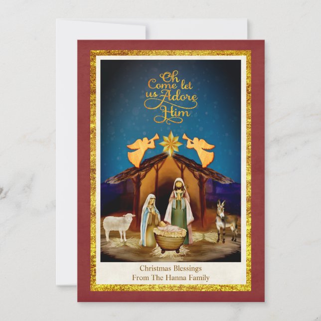 "Oh Come Let Us Adore Him" Nativity Christmas Holiday Card (Front)