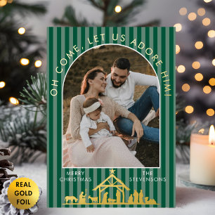 Oh Come Let Us Adore Him Nativity Christmas Photo Foil Holiday Card