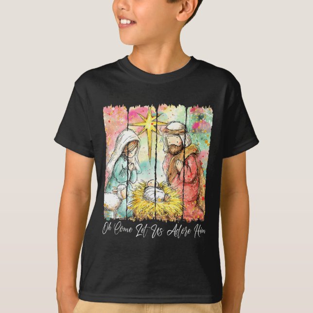 Oh Come Let Us Adore Him Nativity Scene Christian  T-Shirt (Front)