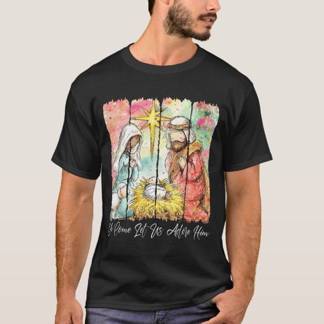 Oh Come Let Us Adore Him Nativity Scene Christian  T-Shirt (Front)