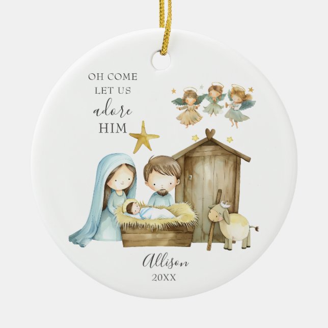Oh Come Let Us Adore Him Nativity Scene Christmas Ceramic Ornament (Front)
