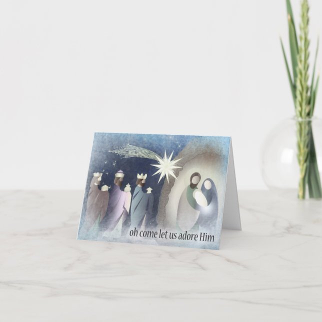 Oh Come Let Us Adore Him, Nativity Scene Holiday Card (Front)