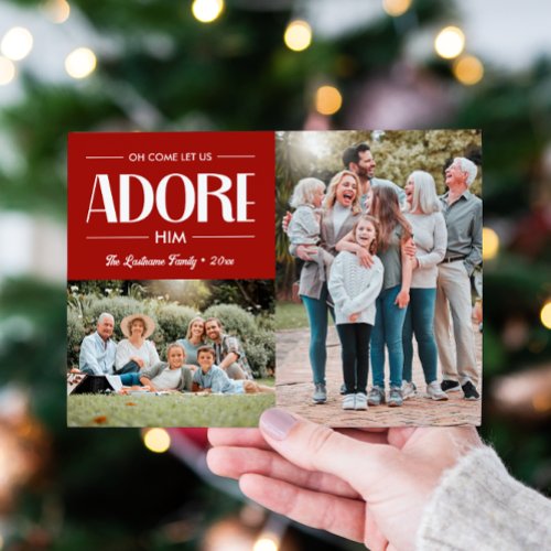 Oh Come Let Us Adore Him RED Christian 2 Photo  Holiday Card