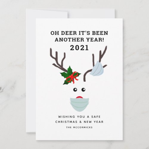 Oh Deer Another Year 2021 Funny Face Mask Reindeer Holiday Card