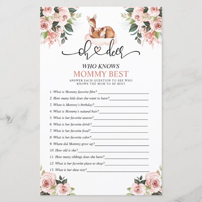 Oh Deer Baby Floral Who Knows Mom Best Baby Game (Front)